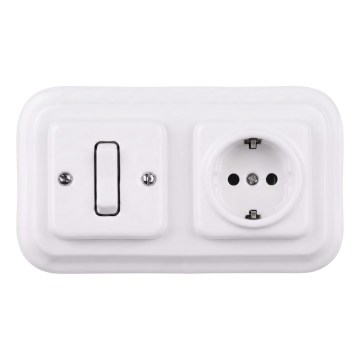 Elhard - Keramische retro eenpolige schakelaar nr. 1 en SCHUKO stopcontact 230V met wit afdekraam