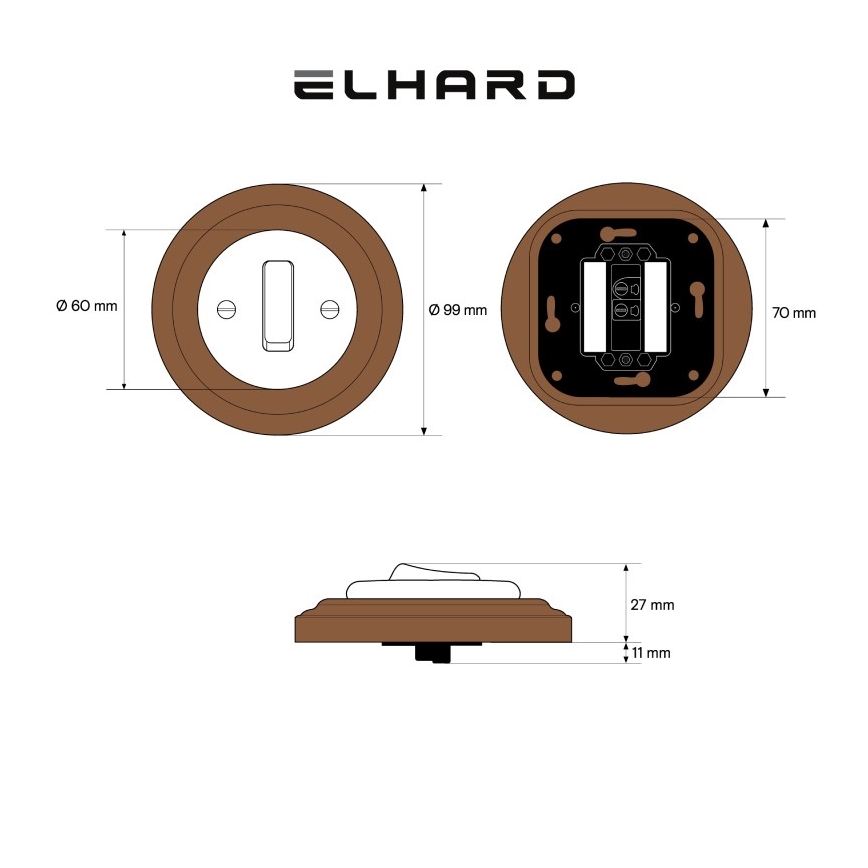 Elhard - Keramische retro enkele schakelaar met afdekraam nr. 1 zwart/donker hout