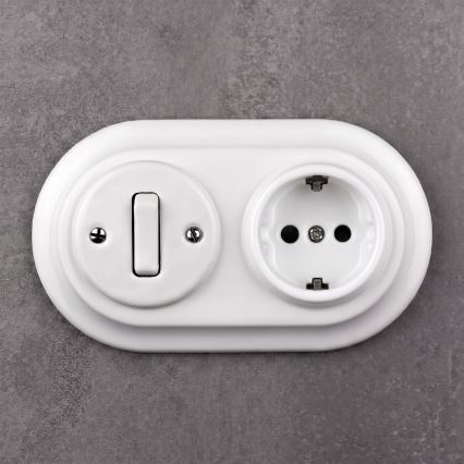 Elhard - Keramische retro schakelaar č. 1 en 230V stopcontact met SCHUKO-afdekraam, wit