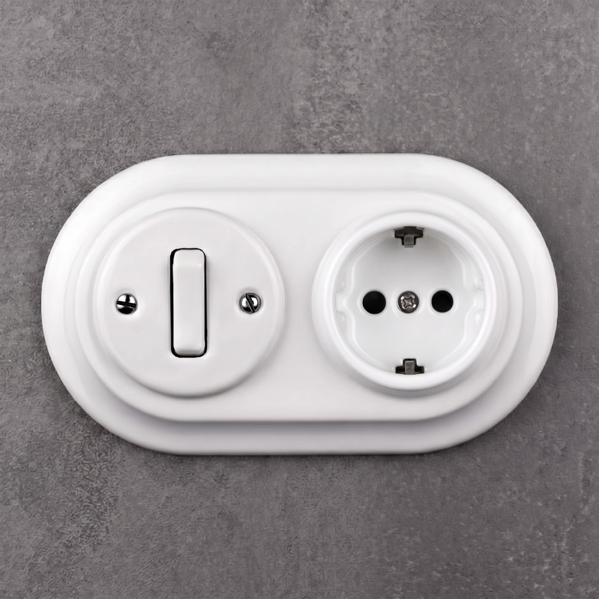 Elhard - Keramische retro schakelaar č. 1 en 230V stopcontact met SCHUKO-afdekraam, wit