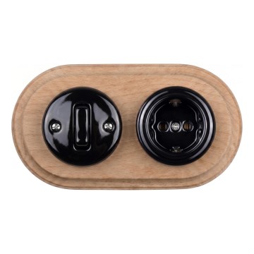 Elhard - Keramische retro schakelaar č. 1 en stopcontact 230V met SCHUKO-frame zwart/licht hout