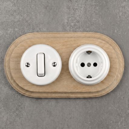 Elhard - Keramische retro schakelaar nr. 1 en stopcontact 230V met SCHUKO-omranding wit/licht hout