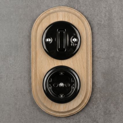 Elhard - Keramische retro schakelaar č. 1 en stopcontact 230V met SCHUKO-frame zwart/licht hout