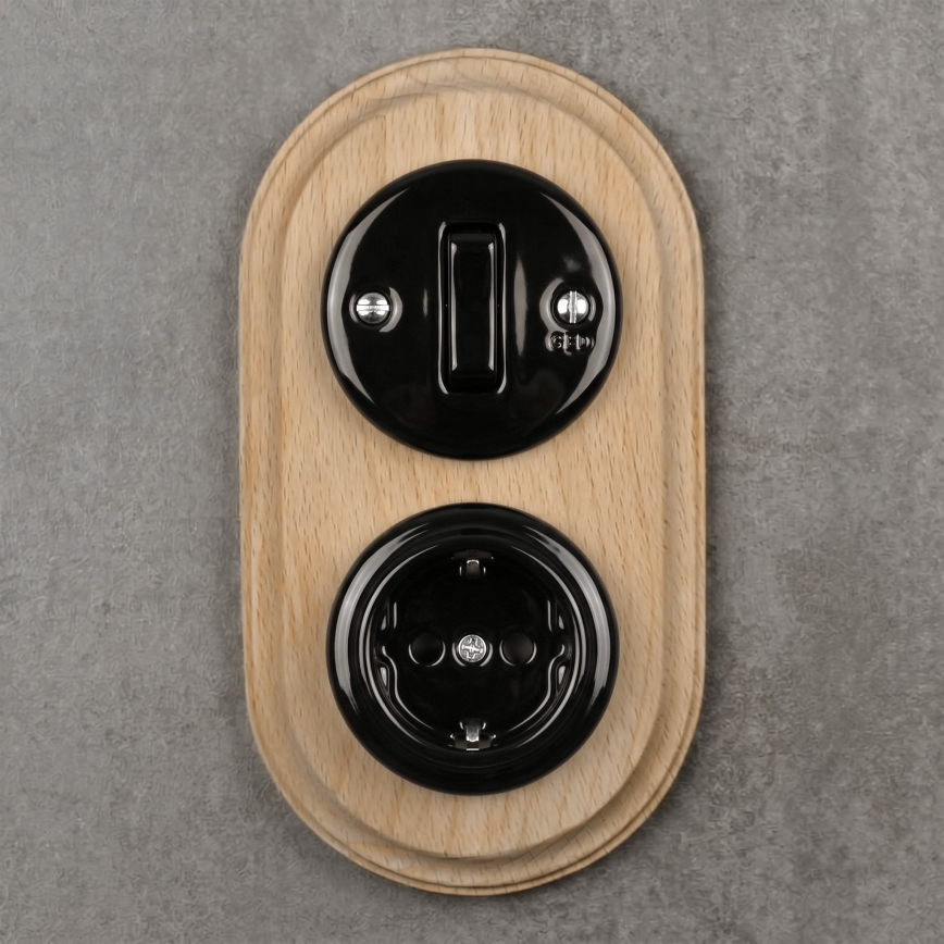 Elhard - Keramische retro schakelaar č. 1 en stopcontact 230V met SCHUKO-frame zwart/licht hout