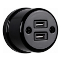 Elhard - Keramische retro wandcontactdoos met 2x USB‑A, zwart