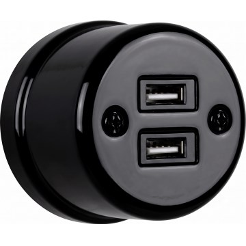 Elhard - Keramische retro wandcontactdoos met 2x USB‑A, zwart