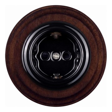 Elhard - Keramische retro wandcontactdoos met afdekraam SCHUKO 230V zwart/donker hout