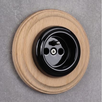 Elhard - Keramische retro wandcontactdoos met frame 230V zwart/licht hout