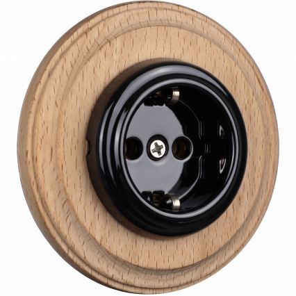 Elhard - Keramische retro wandcontactdoos met frame 230V zwart/licht hout