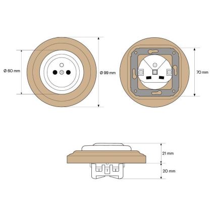 Elhard - Keramische retro wandcontactdoos met frame 230V zwart/licht hout