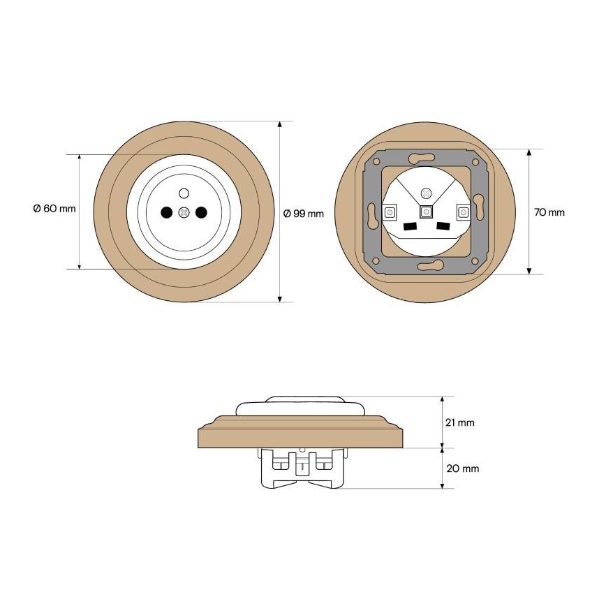 Elhard - Keramische retro wandcontactdoos met frame 230V zwart/licht hout