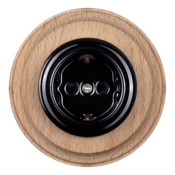 Elhard - Keramische retro wandcontactdoos met frame SCHUKO 230V zwart/licht hout