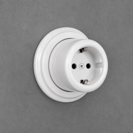 Elhard - Keramische retro-wandcontactdoos voor huishoudelijk gebruik met afdekraam, SCHUKO 230V, wit