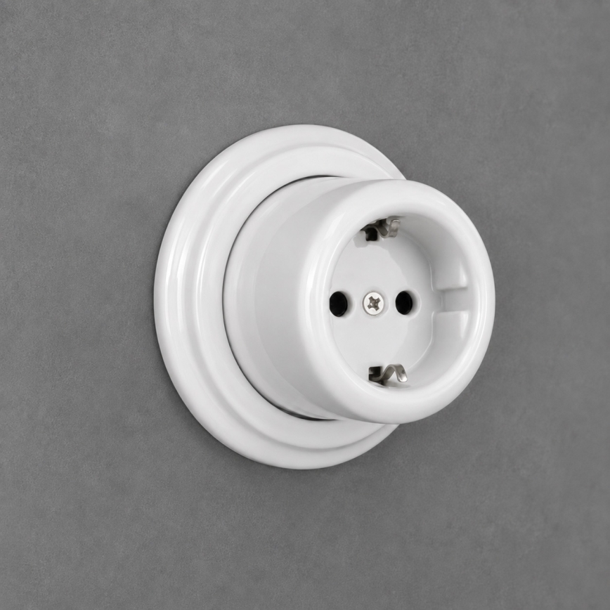 Elhard - Keramische retro-wandcontactdoos voor huishoudelijk gebruik met afdekraam, SCHUKO 230V, wit