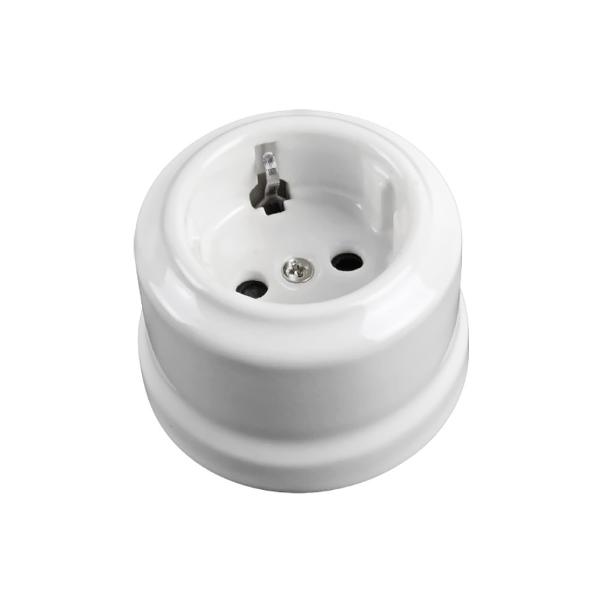 Elhard - Keramische retro-wandcontactdoos voor huishoudelijk gebruik met afdekraam, SCHUKO 230V, wit
