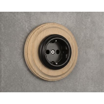 Elhard - Keramische retro wandcontactdoos met frame SCHUKO 230V zwart/licht hout