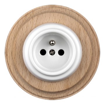 Elhard - Keramische retro-wandcontactdoos voor huishoudelijk gebruik met omlijsting 230V wit/licht hout