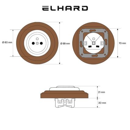 Elhard - Keramische retro wandcontactdoos voor woningen met afdekraam 230V zwart/donker hout