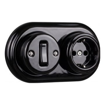 Elhard - Keramische retro wandschakelaar (eenpolig) nr. 1 en SCHUKO 230V stopcontact met afdekraam, zwart
