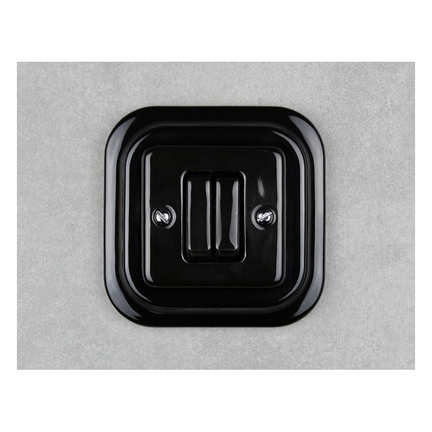 Elhard - Retro keramische dubbele trapschakelaar met frame nr. 6+6 zwart