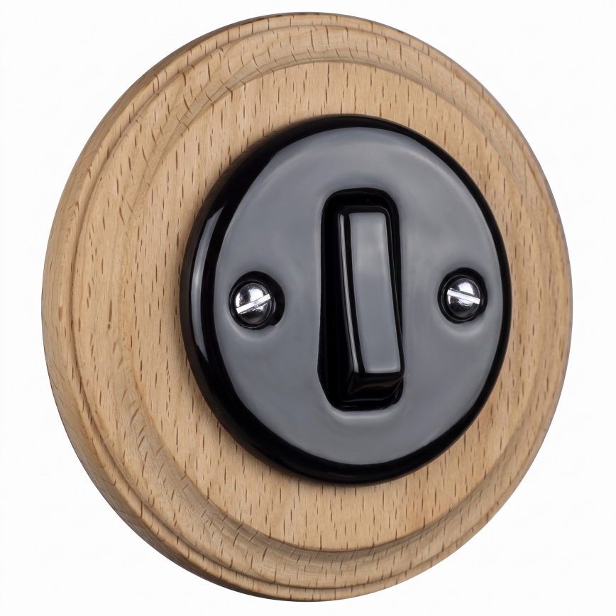 Elhard - retro keramische enkelschakelaar met lijst nr. 1 zwart/licht hout