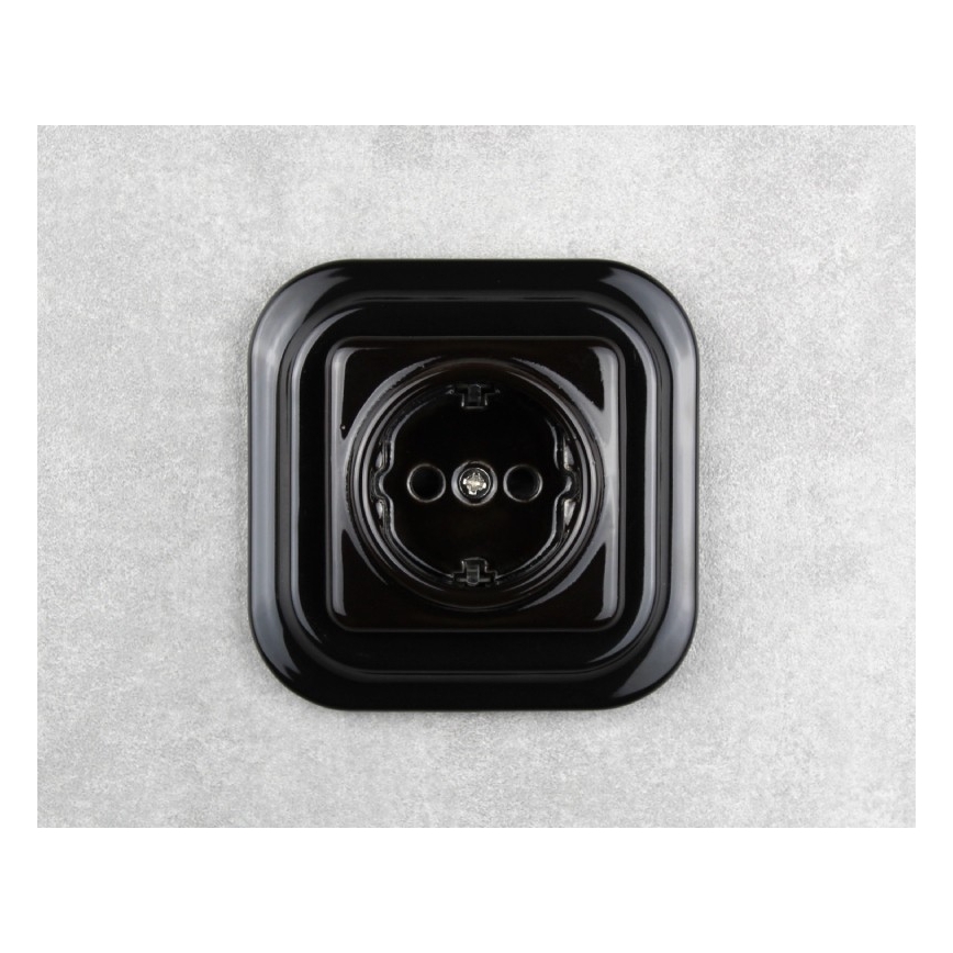 Elhard - Retro keramische wandcontactdoos (SCHUKO) zonder frame, 230V, zwart