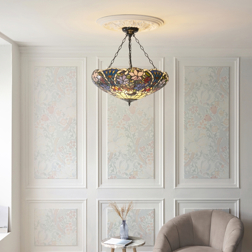 Endon 111887 - Tiffany-kroonluchter SULLIVAN aan ketting, 3× E27-fittingen, max. 10 W, 230 V, Ø 57 cm