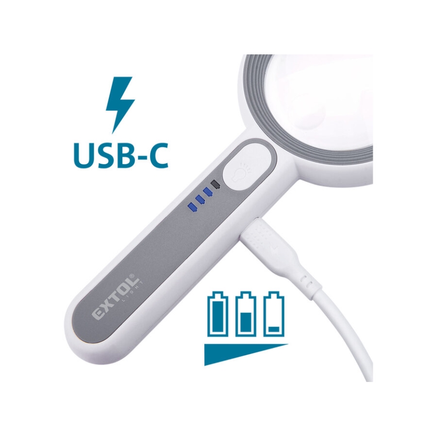 Extol - Dimbare oplaadbare loep met LED‑verlichting, 650 mAh, wit/grijs