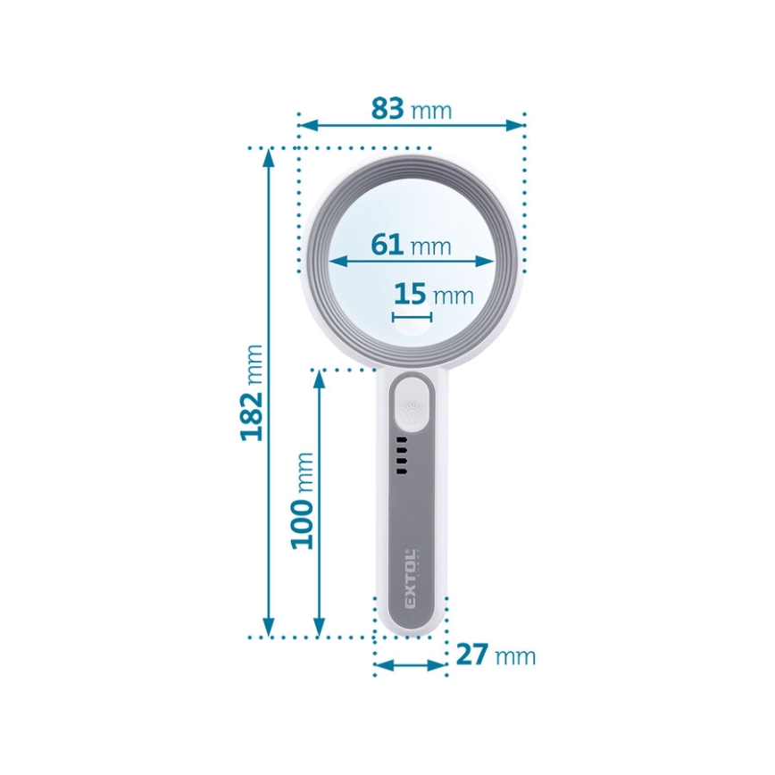 Extol - Dimbare oplaadbare loep met LED‑verlichting, 650 mAh, wit/grijs