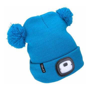 Extol - Kindermuts met hoofdlamp en USB-oplaadbare 250 mAh-accu, blauw met pompons, kindermaat