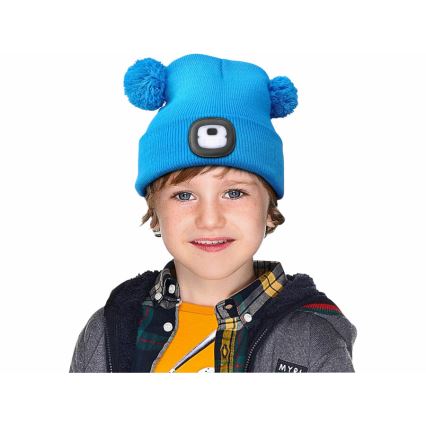 Extol - Kindermuts met hoofdlamp en USB-oplaadbare 250 mAh-accu, blauw met pompons, kindermaat