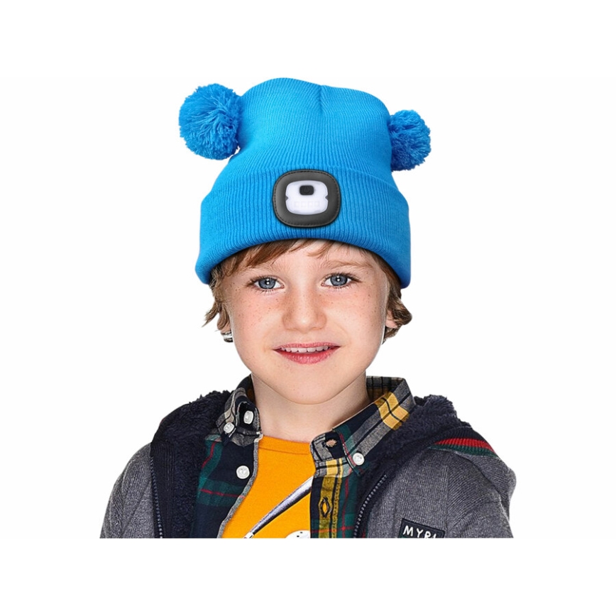 Extol - Kindermuts met hoofdlamp en USB-oplaadbare 250 mAh-accu, blauw met pompons, kindermaat