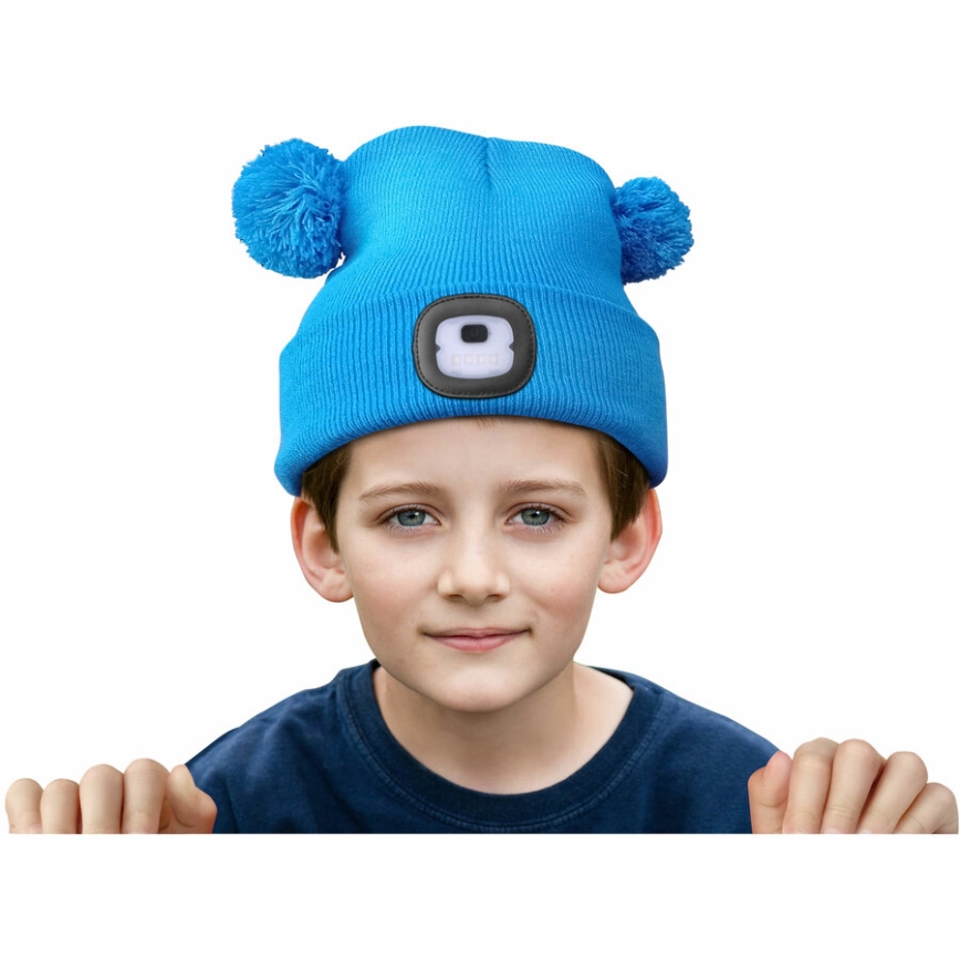 Extol - Kindermuts met hoofdlamp en USB-oplaadbare 250 mAh-accu, blauw met pompons, kindermaat