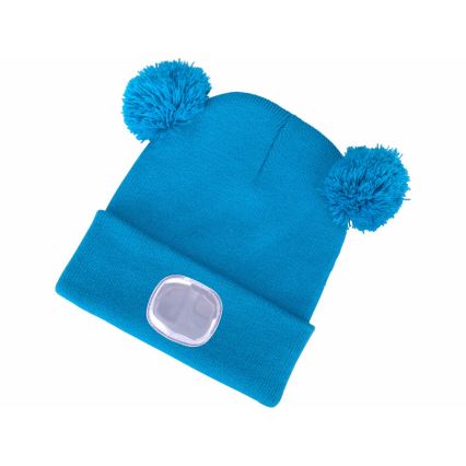 Extol - Kindermuts met hoofdlamp en USB-oplaadbare 250 mAh-accu, blauw met pompons, kindermaat
