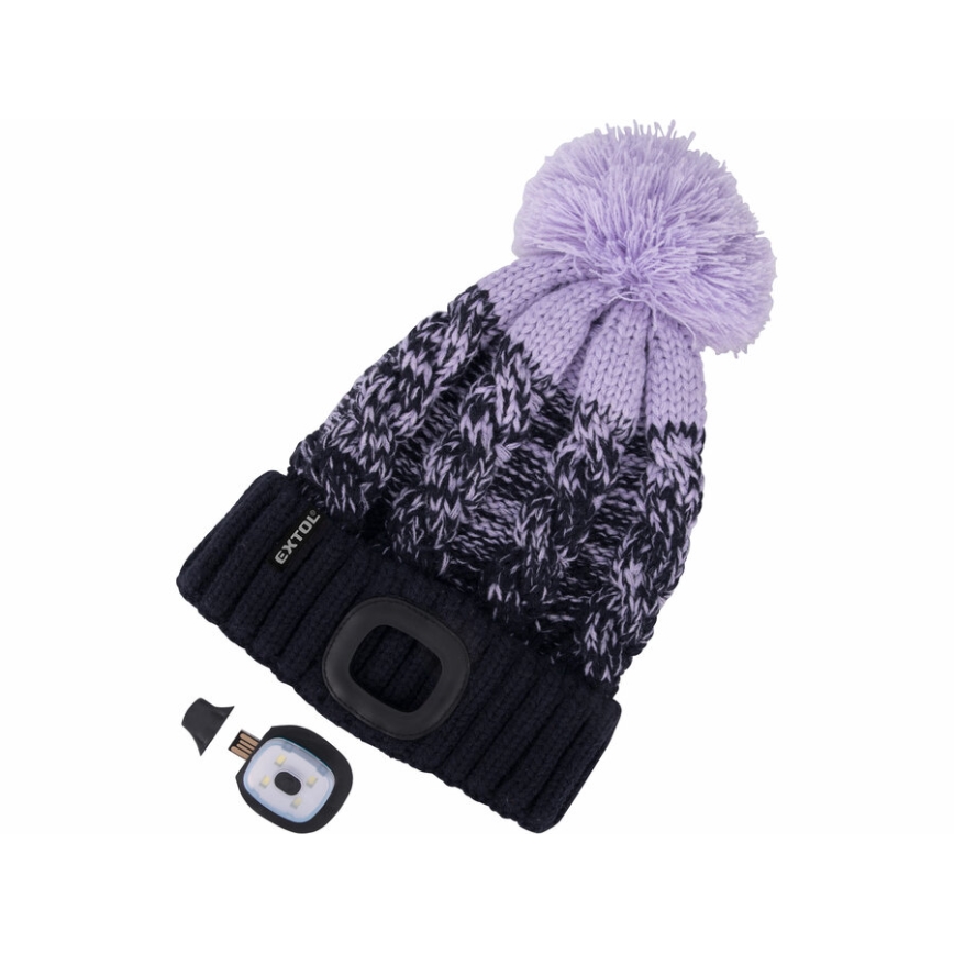 Extol - Muts met geïntegreerde hoofdlamp en USB-oplaadbare 300 mAh-accu, blauw/paars met pompon, maat UNI