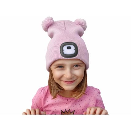 Extol - Muts met hoofdlamp en USB-oplaadfunctie (250 mAh), roze met pompons, kindermaat