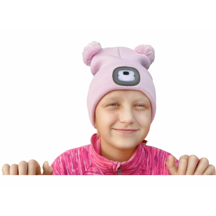 Extol - Muts met hoofdlamp en USB-oplaadfunctie (250 mAh), roze met pompons, kindermaat