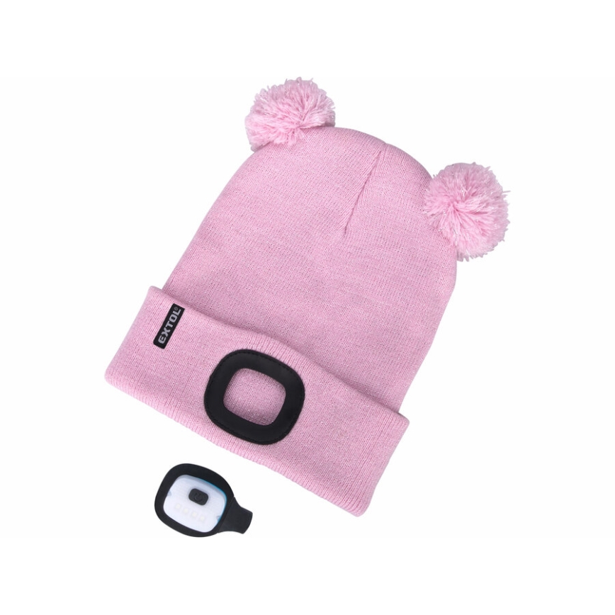 Extol - Muts met hoofdlamp en USB-oplaadfunctie (250 mAh), roze met pompons, kindermaat