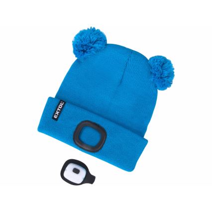 Extol - Muts met hoofdlamp en USB-oplader 250 mAh blauw met pompons formaat kinderen