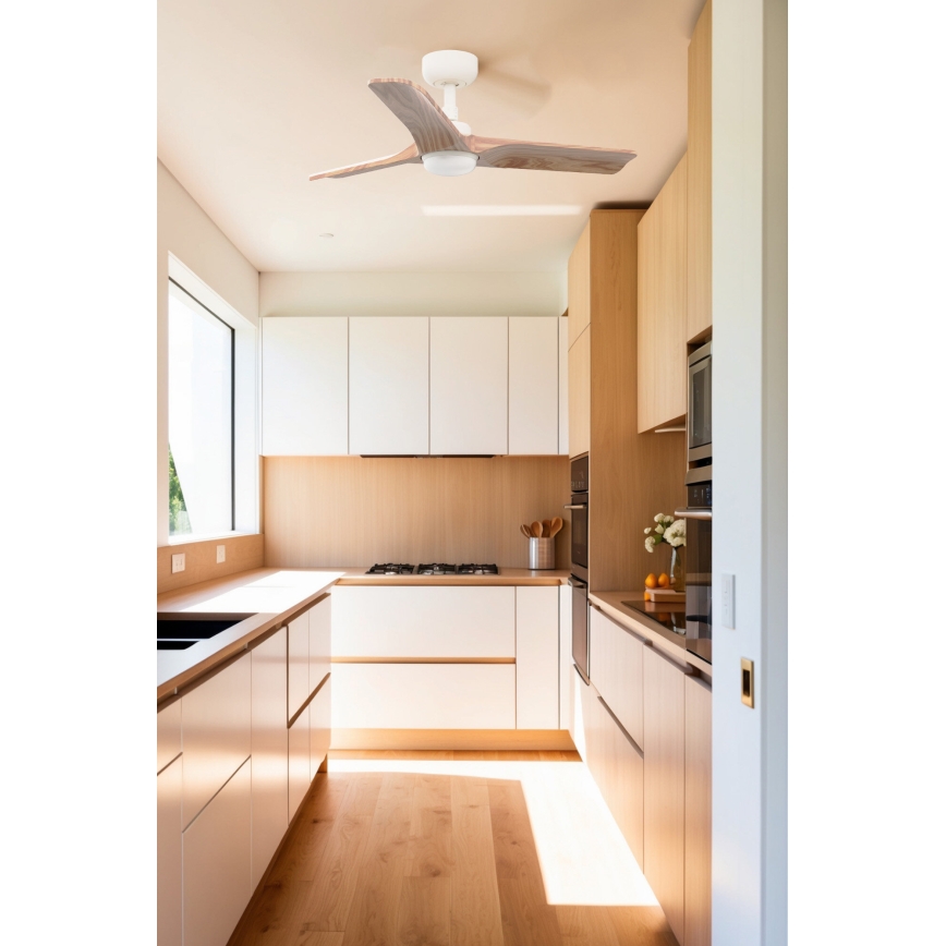 FARO 33805WT-1TW - LED dimbare plafondventilator HEYWOOD S LED/10W/230V 2700/4000/6000K hout/wit Ø 90 cm Wi-Fi Tuya + afstandsbediening