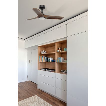 FARO 33806WT1S - Dimbare LED-plafondventilator HEYWOOD S met LED/10W/230V, 2700/3000/4000K, Ø 90 cm, hout/zwart, Wi‑Fi Tuya + afstandsbediening