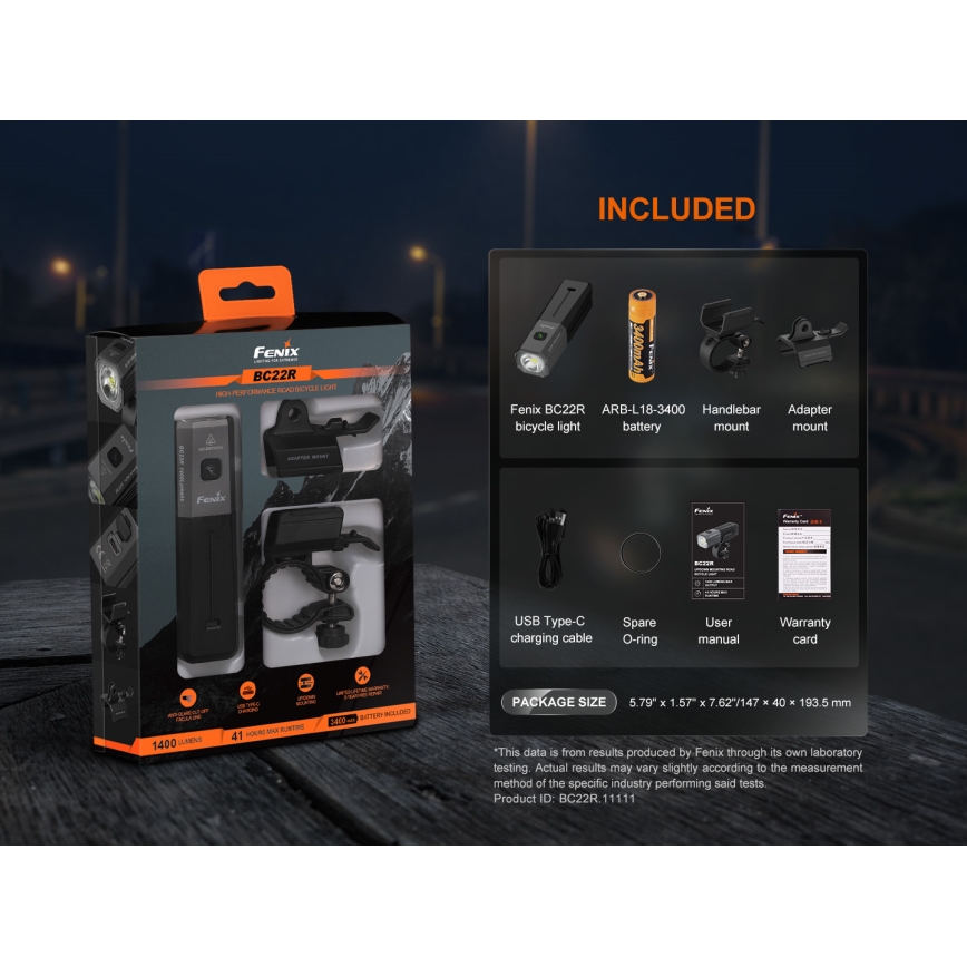 Fenix BC22R - dimbare oplaadbare LED-fietslamp LED/USB 3400 mAh IP66 1400 lm 41 h zwart