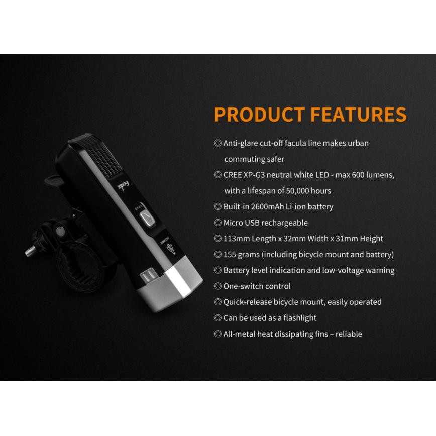 Fenix BC25R - Oplaadbare LED Fietslamp LED/USB IP66