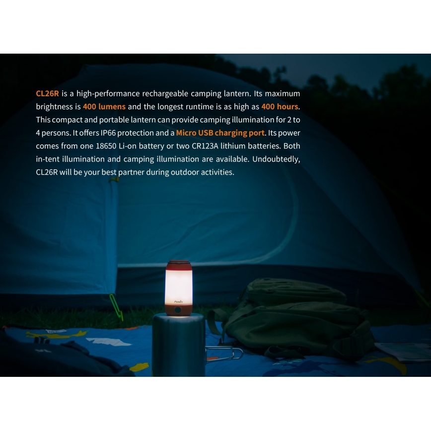Fenix CL26RRED - LED Dimbaar draagbaar oplaadbaar lamp LED/USB/2xCR123A IP66 400 glanzend 400 h 2600 mAh oranje
