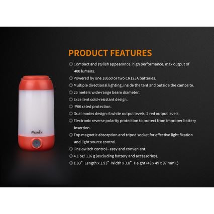 Fenix CL26RRED - LED Dimbaar draagbaar oplaadbaar lamp LED/USB/2xCR123A IP66 400 glanzend 400 h 2600 mAh oranje