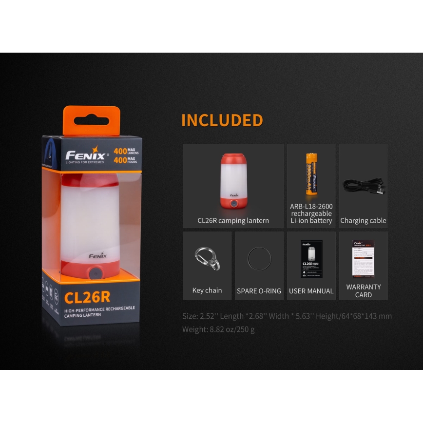 Fenix CL26RRED - LED Dimbaar draagbaar oplaadbaar lamp LED/USB/2xCR123A IP66 400 glanzend 400 h 2600 mAh oranje