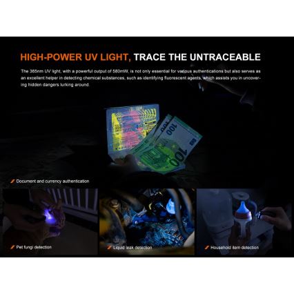 Fenix E06RGRY - LED Dimbaar oplaadbaar zaklamp UV LED/USB IP66 700 glanzend 60 h grijs