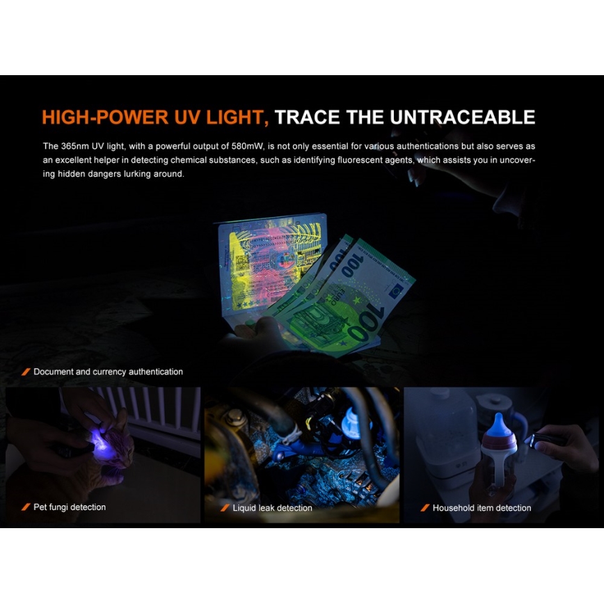 Fenix E06RGRY - LED Dimbaar oplaadbaar zaklamp UV LED/USB IP66 700 glanzend 60 h grijs