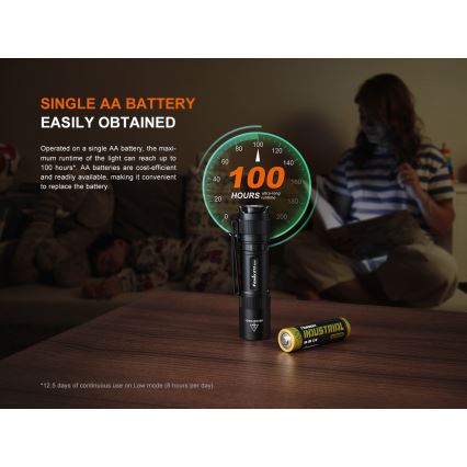 Fenix E12V30 - dimbare oplaadbare LED-zaklamp LED/1xAA 2000 mAh IP68 200 lm 100 h zwart
