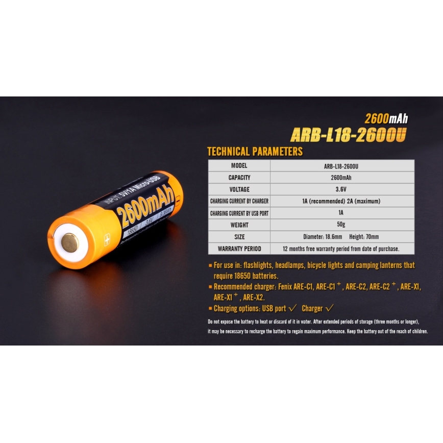 Fenix FE18650LI26USB - 1 stuk Oplaadbare accu USB/3,6V 2600 mAh